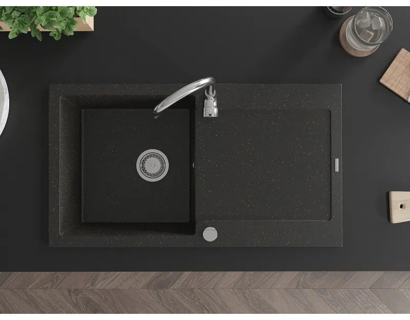 Mexen Leo, drez granitový 900x500x190 mm, 1-komorový a chrómová batéria Telma, čierna-zlatá metalíza, 6501-75-670200-00