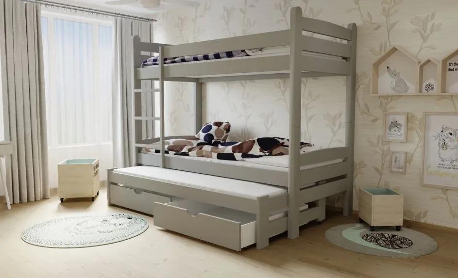 MAXMAX Detská poschodová posteľ s prístelkou z MASÍVU 200x90cm SO ZÁSUVKAMI - PPV007