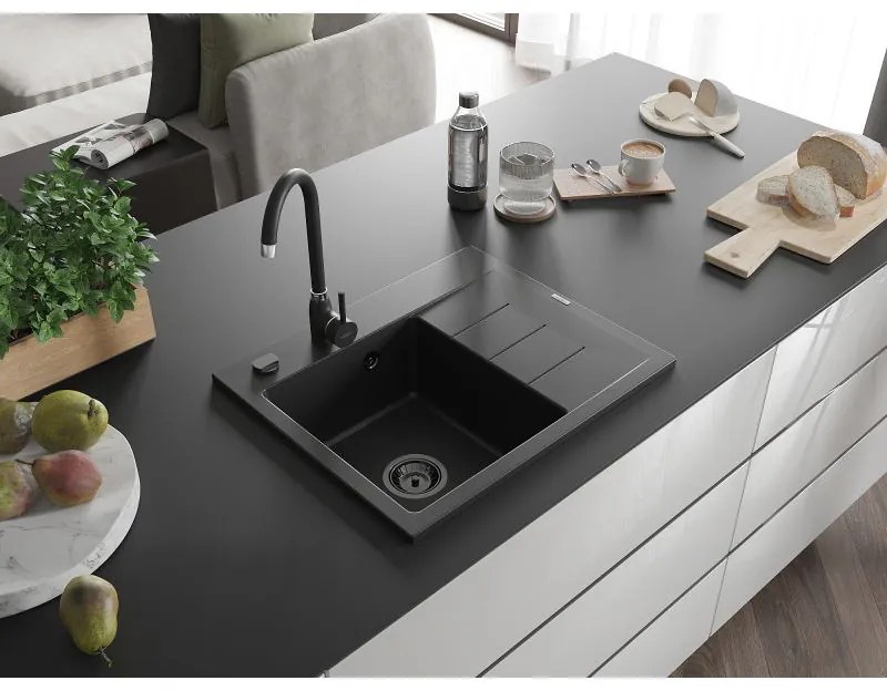 Mexen Ben, 1-komorový granitový drez 600x500x190 mm, ľavý + čierny sifón, čierna, 6522605000-77-B