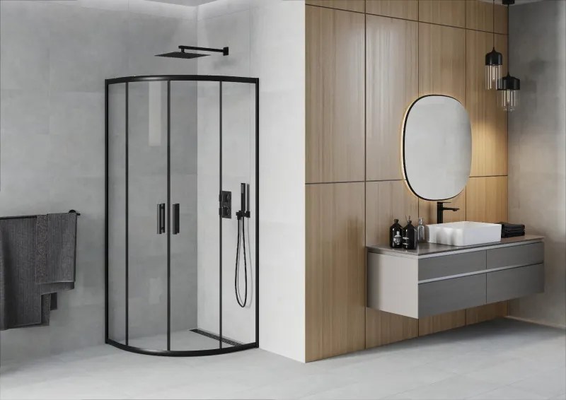 Mexen Rio, štvrťkruhový sprchovací kút s posuvnými dverami 70(dvere) x 70(dvere) x 190 cm, 6mm číre sklo, čierny profil, 863-070-070-70-00