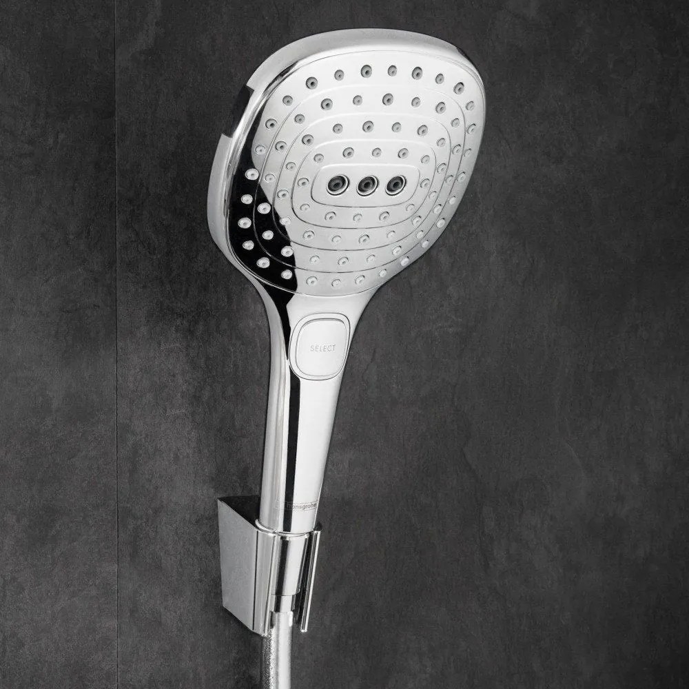 HANSGROHE Raindance Select E Showerpipe nástenný sprchový systém s termostatom ShowerTablet Select 300, horná sprcha 3jet 318 x 190 mm, ručná sprcha 3jet, chróm, 27127000