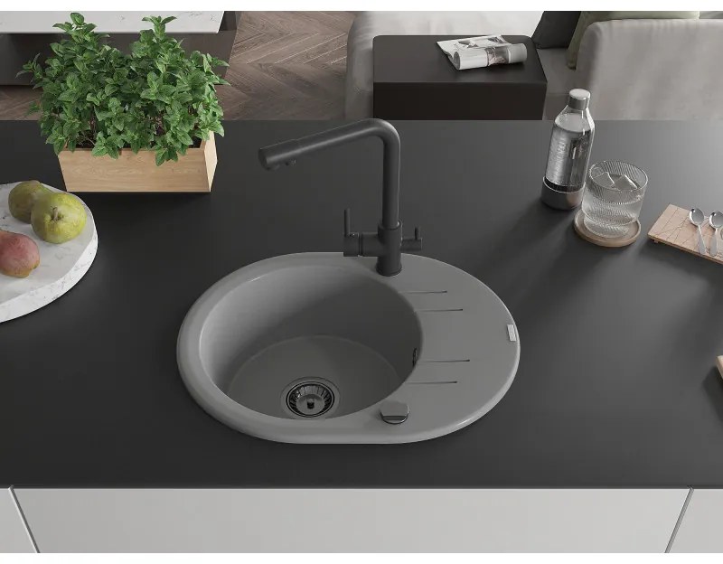 Mexen Kevin, drez granitový 586x458x190 mm, 1-komorový a čierna Duero batéria, šedá, 6517-71-671600-70-B