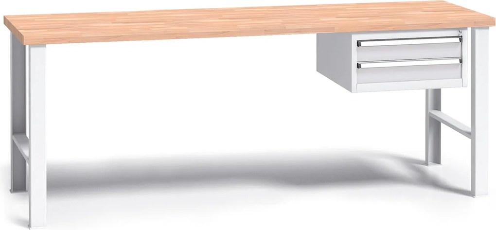 Pracovný stôl do dielne G3 so závesným boxom na náradie, buková škárovka, 2 zásuvky, pevné kovové nohy, 2000 mm, sivá