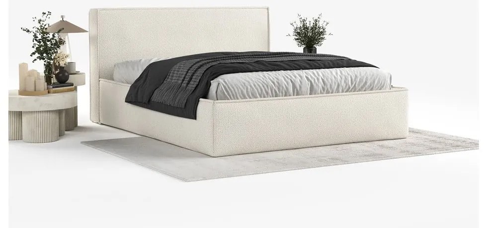 Krémová čalúnená dvojlôžková posteľ s úložným priestorom s roštom 200x200 cm Lounge L – Maison de Rêve
