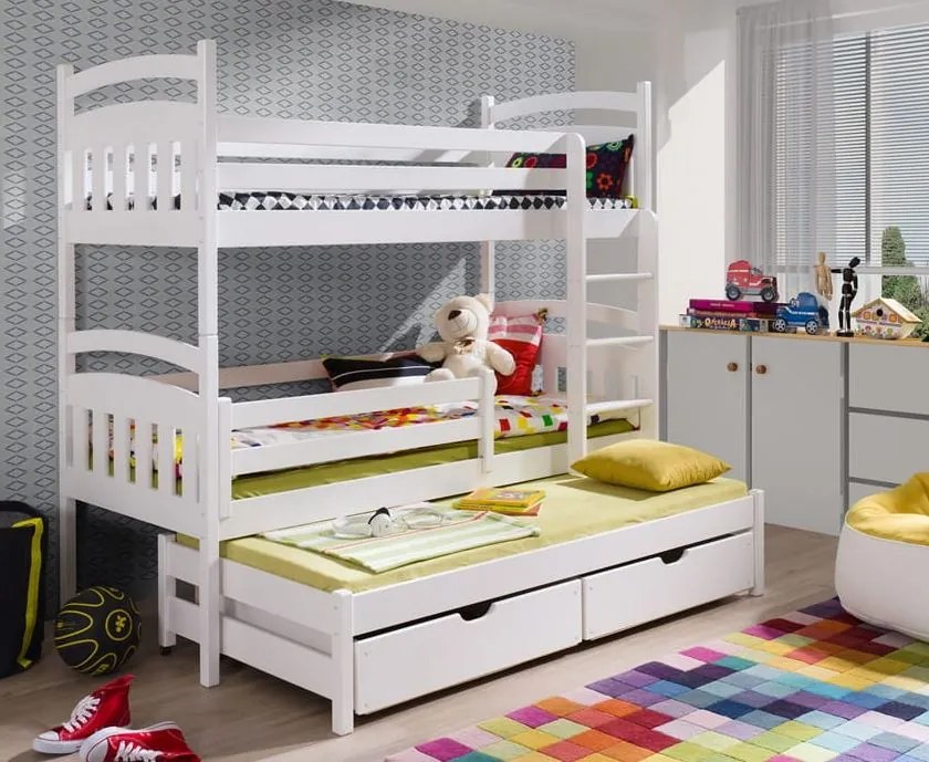 Detská poschodová posteľ z masívu borovice s prístelkou a šuplíky ALDA - 200x90 cm - biela