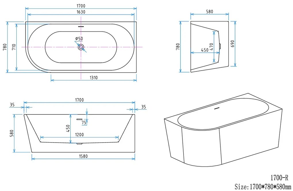 Erga Zara, rohová voľne stojaca vaňa 170x78 cm + odtoková zátka, pravá, biela lesklá, ERG-Zara-170078R-WH-WH