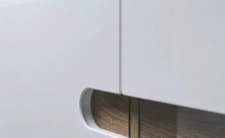 Vysoká vitrína Linate, biely lesk/dub, ľavé dvere