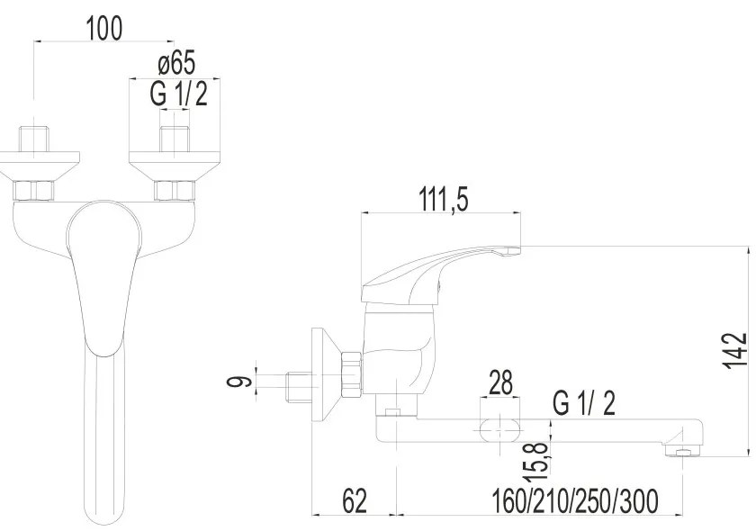 Mereo Mereo, Drezová nástenná batéria, Sonáta, s ramienkom plochým rovným 210 mm, chróm, MER-CB302AN