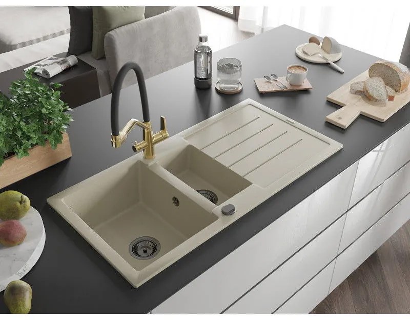 Mexen Andres, granitový drez 1000x500x200 mm, 1,5-komorový a drezová batéria Duo, béžová, 6515-69-671701-57-B