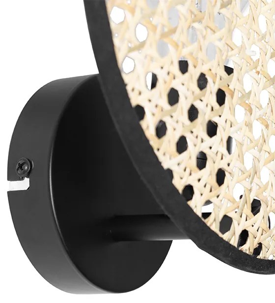 Rustikálna nástenná lampa čierna s ratanom 25 cm - Kata