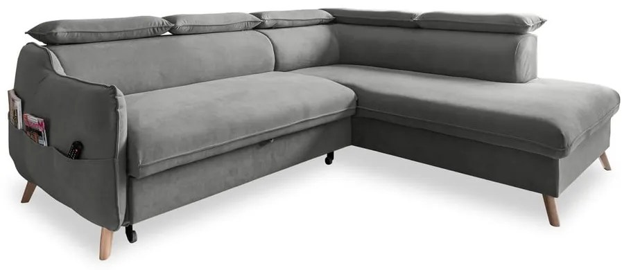 Svetlosivá zamatová rozkladacia rohová pohovka (pravý roh) Sweet Harmony – Miuform