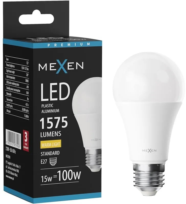 Mexen Nova, LED žiarovka E27, A60, 15W, teplá - 3000K, 1575 lm - L100-E27-1530-01