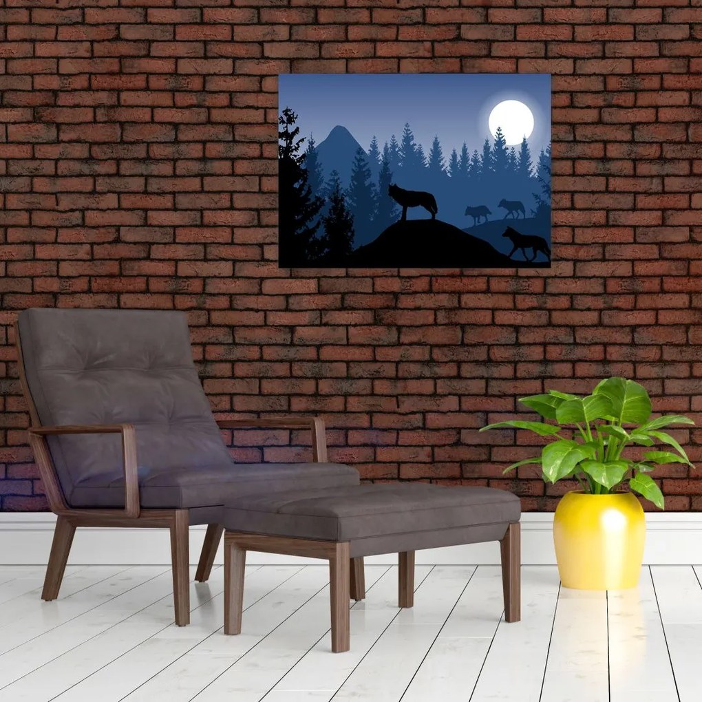 Sklenený obraz - Svorka vlkov za splnu (70x50 cm)