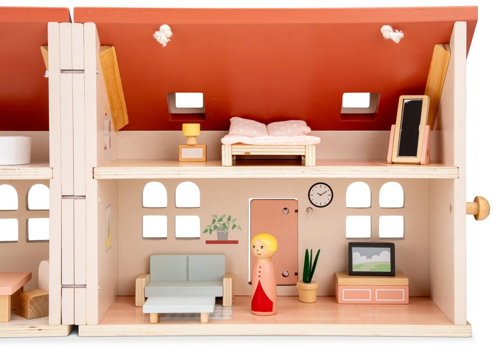 Rozkladací drevený dom pre bábiky s nábytkom