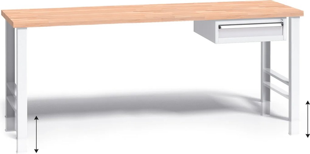 Výškovo nastaviteľný pracovný stôl do dielne G3 so závesným boxom na náradie, buková škárovka, 1 zásuvka, 2000 x 685 x 840 - 1050 mm, sivá