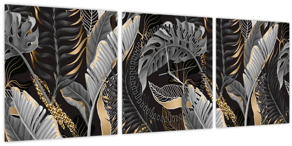 Obraz - Tropické listy v čierno-zlatej (s hodinami) (90x30 cm)