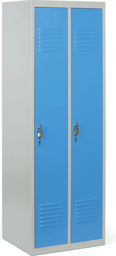 Kovová šatníková skrinka S2, 2-dverová, 1800 x 600 x 500 mm, otočný zámok, modré dvere