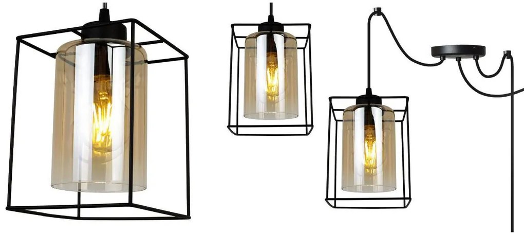 Závesné svietidlo Hella Cage Spider, 3x medové sklenené tienidlo v kovovom ráme