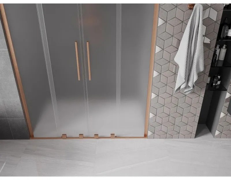 Mexen Velar L Duo, posuvné sprchové dvere do otvoru 140 cm, 8mm sklo námraza, medená matná, 871-140-003-32-65