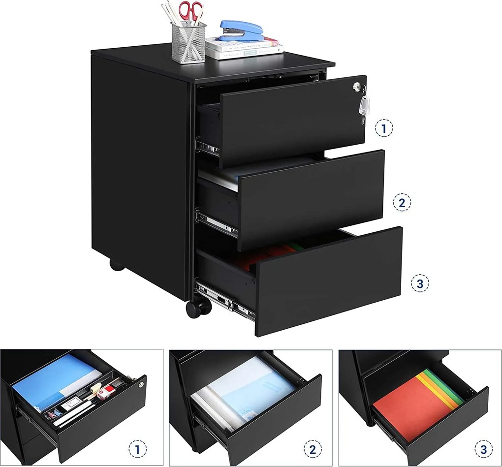 Pojazdná kartotéka, uzamykateľná, s 3 zásuvkami, matná čierna