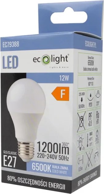 LED žiarovka E27 12W 1200lm CW 6500K A60 - studená biela