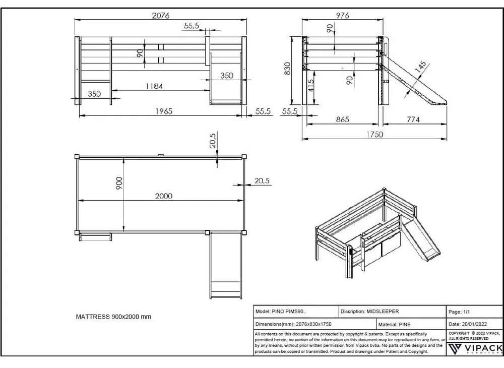 Biela detská vyvýšená posteľ so šmykľavkou Vipack Pino, 90 x 200 cm