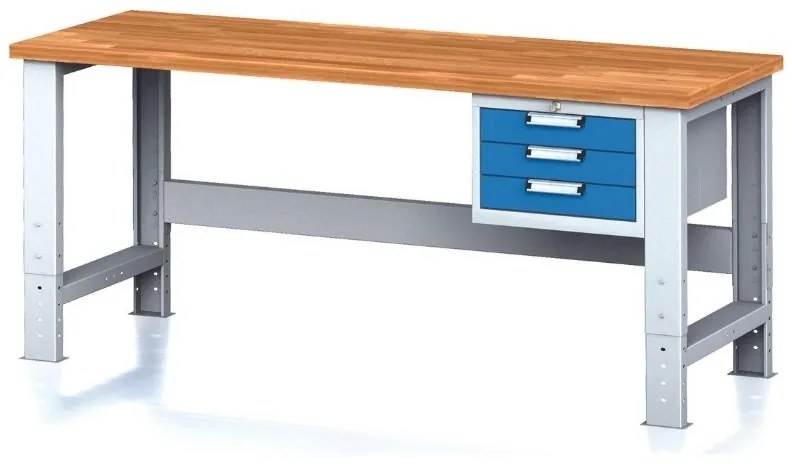 Alfa 3 Nastaviteľný dielenský stôl MECHANIC I, závesný box na náradie, 3 zásuvky, 2000x685x700-1055 mm, modré dvere