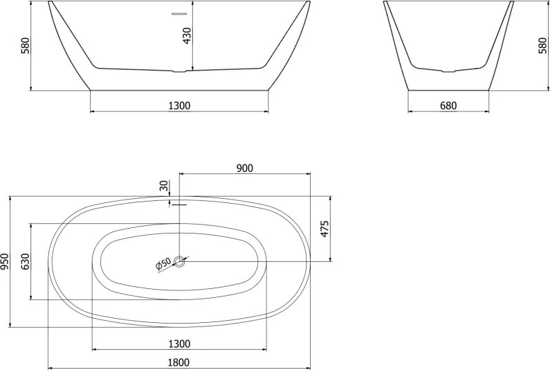 Mexen Eris, voľne stojaca vaňa 180 x 95 cm, biela-čierna, čierna matná, 53441809575-70