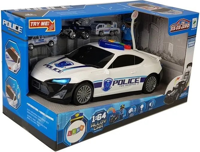 LEAN Toys Policajné auto, úschovný priestor, garáž 2 v 1, policajt, malé autíčka, zvuky, svetlá