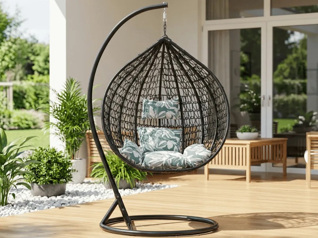 Čierne závesné kreslo KOKON so stojanom, zeleno-biely vankúš