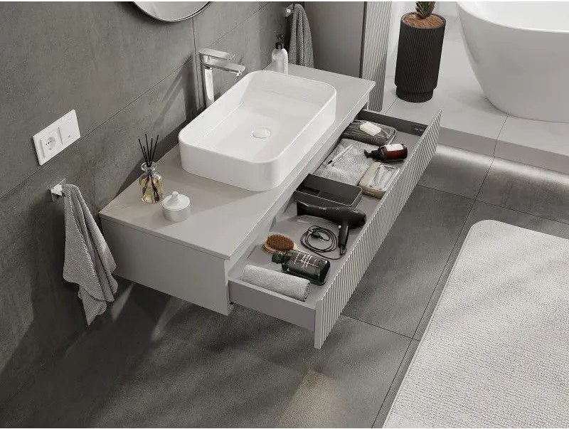 Mexen Rivel, kúpeľňová skrinka 120 cm s pracovnou doskou, 1 zásuvka, drážkovaná, matná sivá, 91A20-12023-1-BFC62