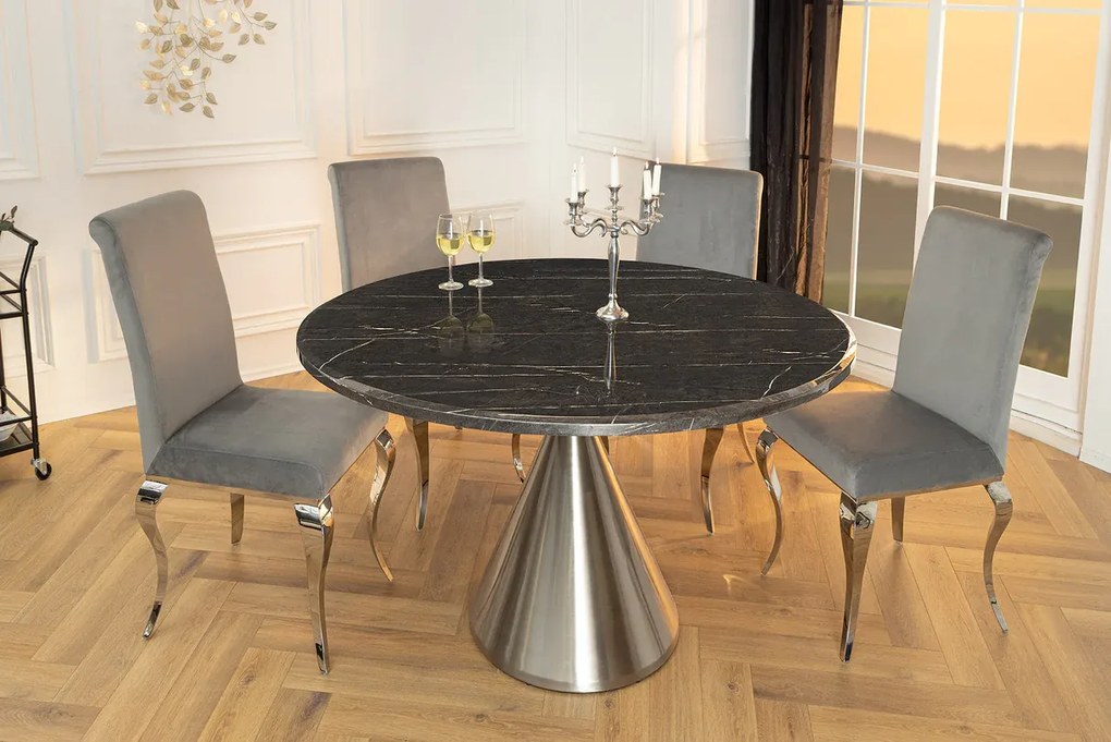 Jedálenský stôl ELEGANCIA 130 cm okrúhly rám chróm čierny mramorový vzhľad