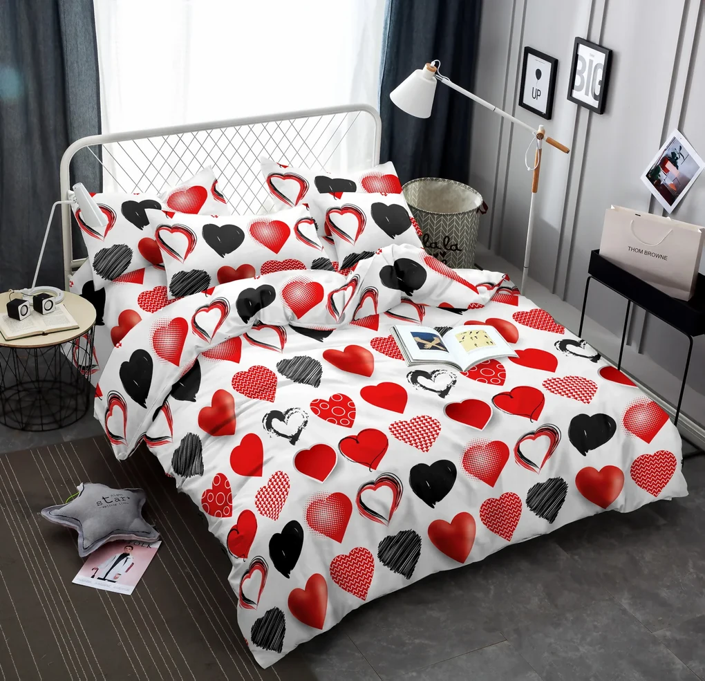 Obliečky z mikrovlákna RED AND BLACK HEARTS biele