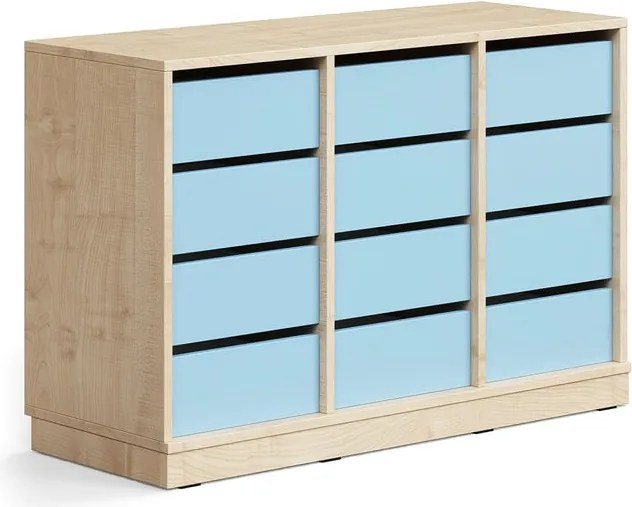 Úložná skrinka CASPER, 12 zásuviek, so soklom, breza/sky blue