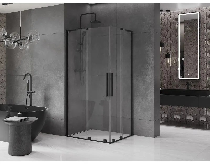 Mexen Velar L Duo, sprchový kút s posuvnými dverami 90 x 80 cm, 8mm číre sklo, čierna matná, 871-090-080-02-03-70
