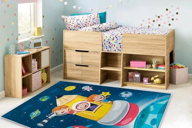 Detský koberec protišmykový BAMBINO 42810 Raketa, modrý / hnedý