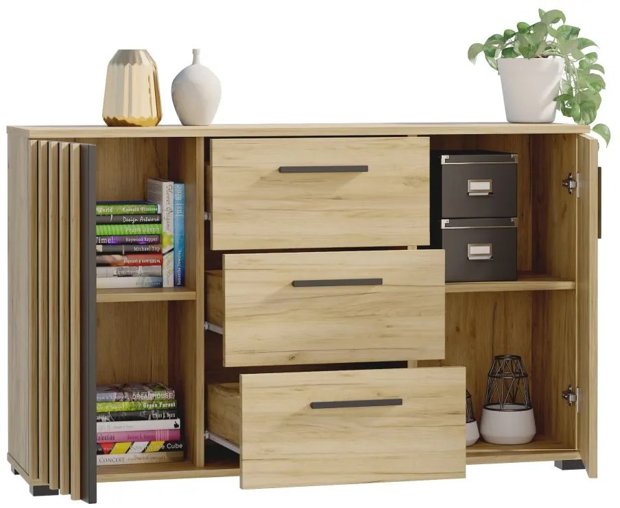 Komoda 140 cm so zásuvkami a úchytkami, farba čierna/ dub