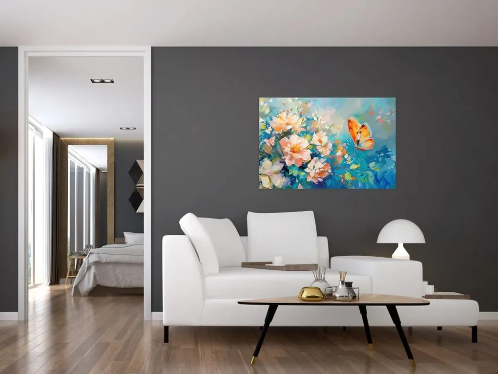 Obraz - Motýľ a kvety, olejomaľba II. (90x60 cm)