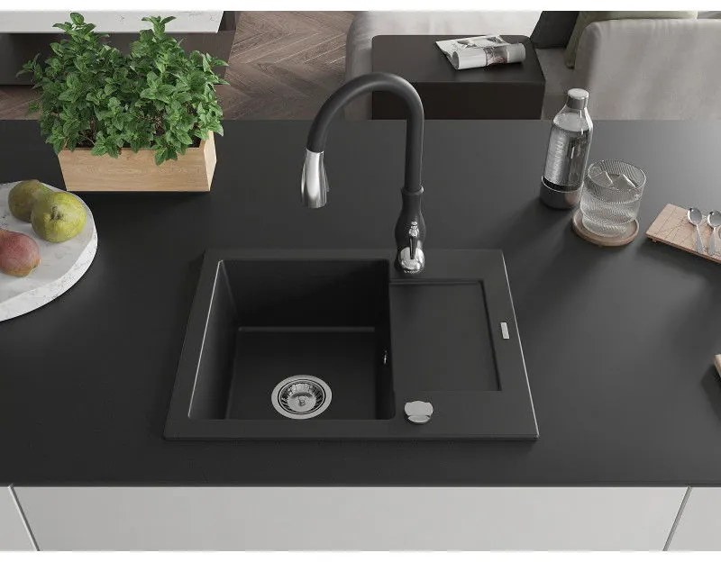 Mexen Enzo, 1-komorový granitový drez 576x465x174 mm a drezová batéria Savita, čierna, 6506-77-672601-70