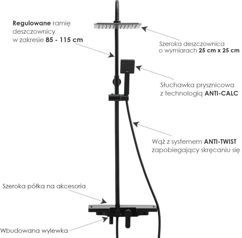 Erga Oslo, sprchová súprava s pákovou batériou a policou, čierna matná, ERG-YKA-BP.OSLO-25-BLK