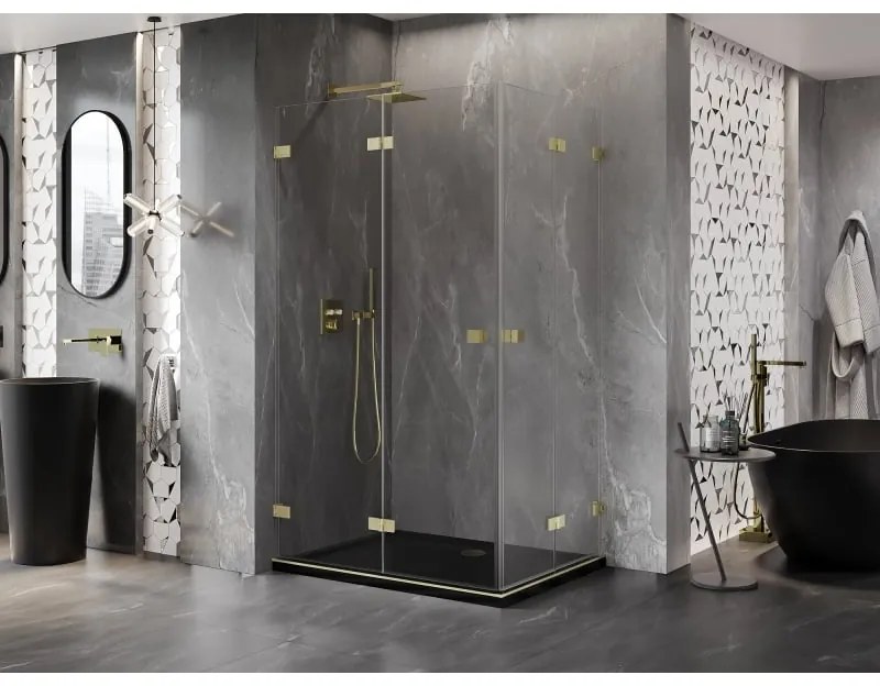 Mexen Lunar-F Duo, skladací sprchový kút 90 x 85 cm, 8mm číre sklo, zlatý matný profil, 836-090L-085P-55-00