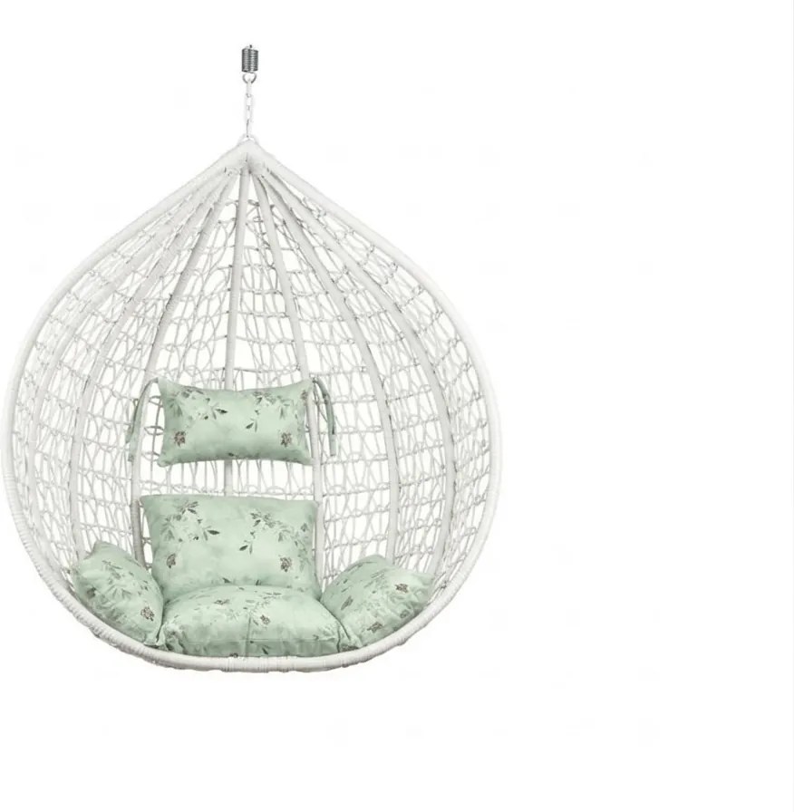 Biele závesné kreslo KOKON bez stojanu, svetlozelený vankúš so vzorom