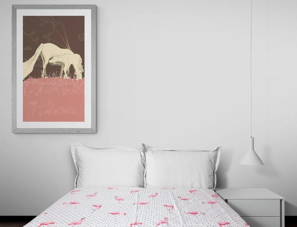 Plagát s paspartou kôň na ružovej lúke - 60x90 white
