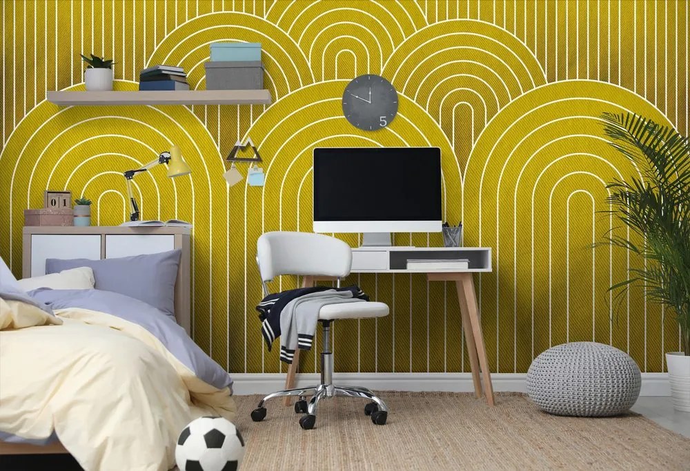 Tapeta horčicový vzor dúhy Mid-Century