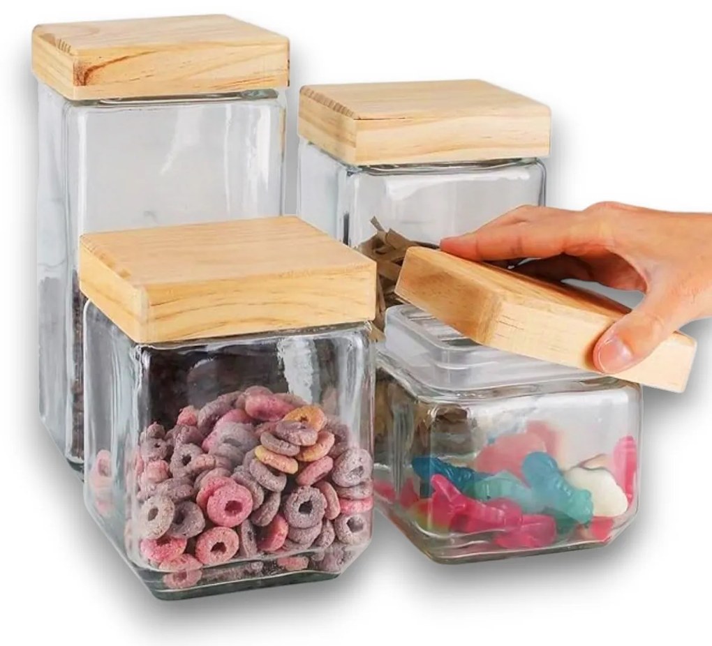 5Five® Sklenená bytelná dóza hranatá s dreveným vekom, 1,7l KWADR