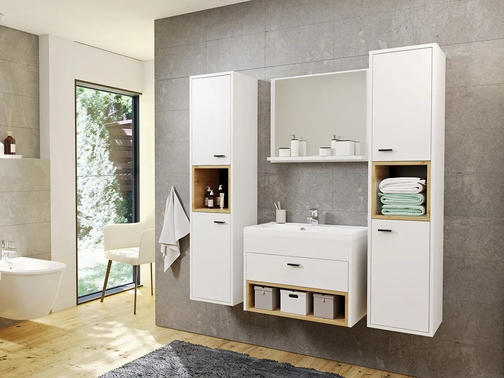 Kúpeľňový nábytok Olier II, Farby: biely / biely + dub artisan, Sifón: bez sifónu, Umývadlo: nie, Umývadlová batéria: Maro Blo 020M