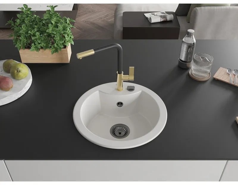 Mexen Diego, 1-komorový granitový drez 488x488x167 mm a drezová batéria Flora, biela, 6512-20-670401-57-B