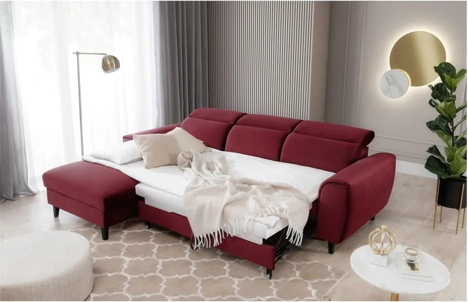 Červená zamatová rozkladacia/s úložným priestorom rohová pohovka (ľavý roh/s leňoškou) Foble – ELTAP