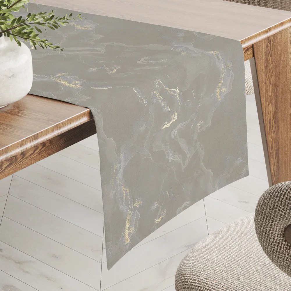 Biante Zamatový behúň na stôl Isabela IBL-019 Zlatý/dymový mramor na sivobéžovom 45x160 cm