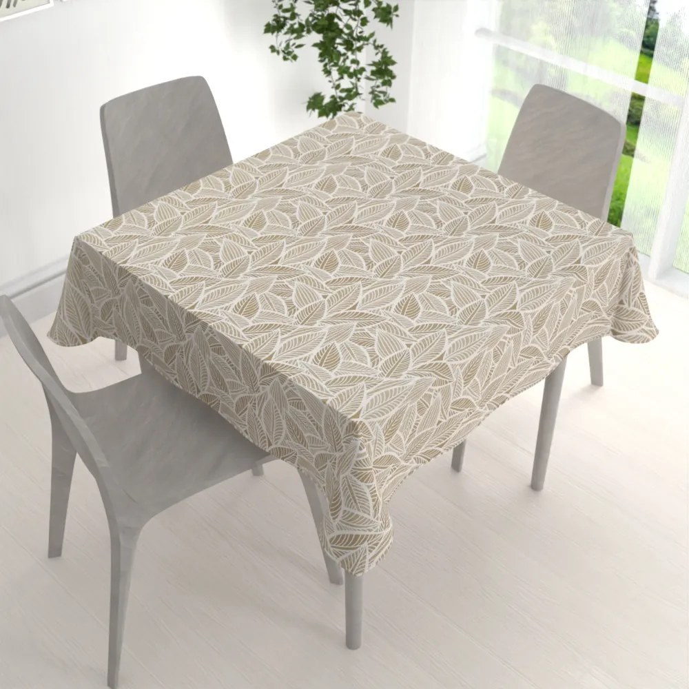 Biante Veľký dekoračný štvorcový obrus Leona LN-168 Biele listy na svetlo hnedom 150x150 cm